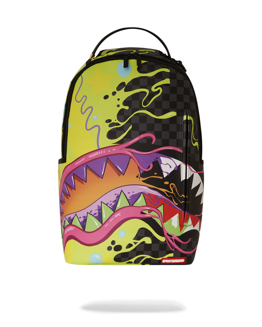 Front view of faux leather mini backpack with gold zippers and side pockets