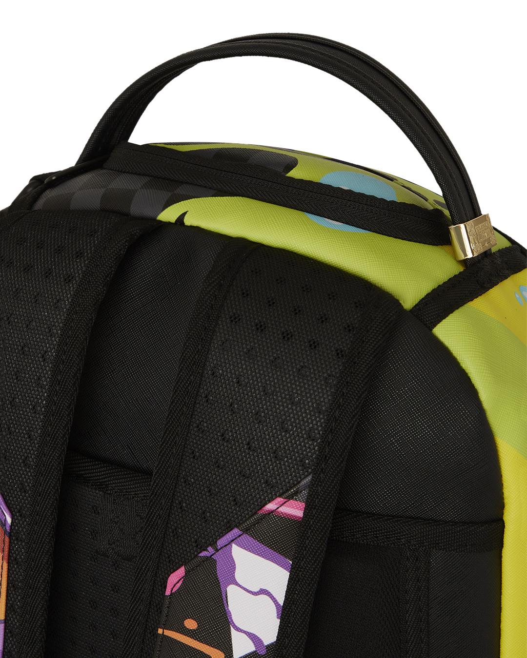 Front view of faux leather mini backpack with gold zippers and side pockets