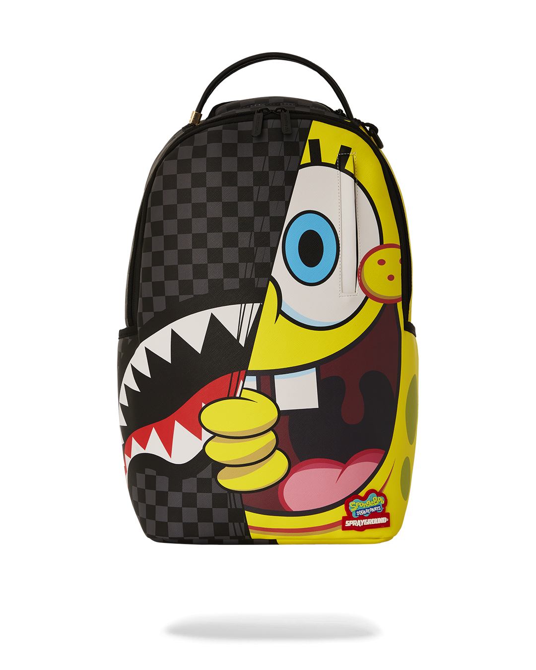 Front view of SpongeBob Sprayground backpack featuring gold zippers and bold print