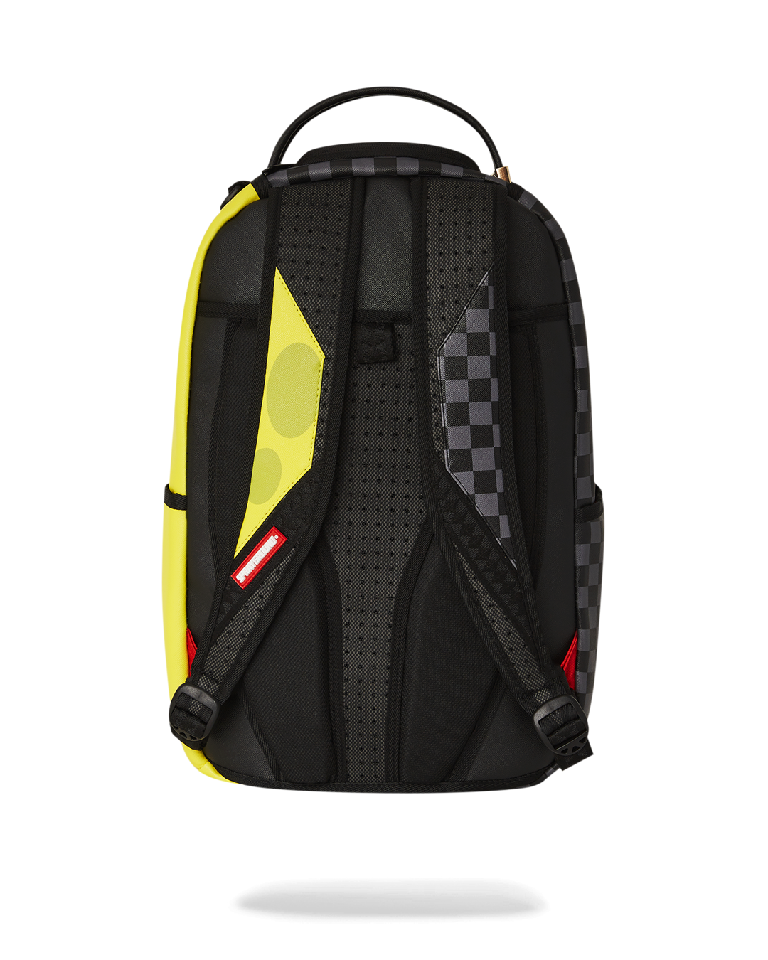 Close-up of the backpacks faux leather material and gold zippers