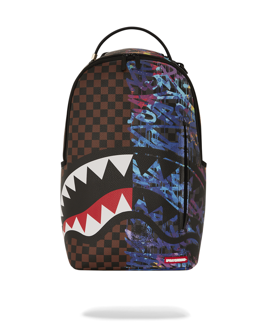 Detail shot of the faux leather material with glow-in-the-dark accents on the backpack