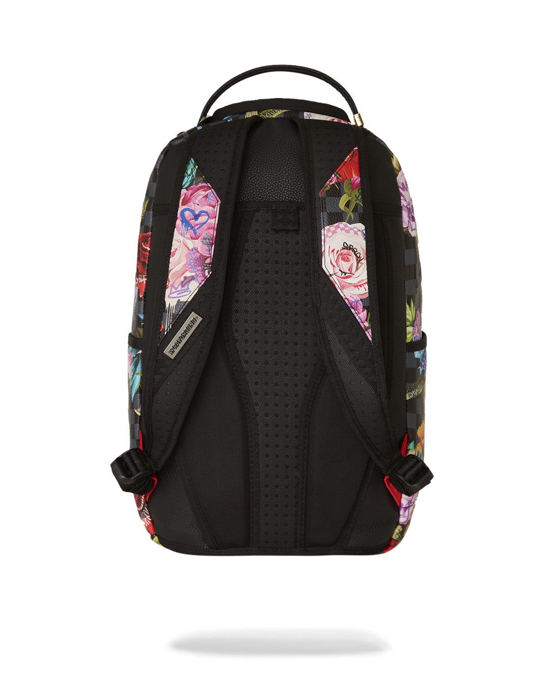 Front view of faux leather backpack with gold metal zippers and padded mesh back