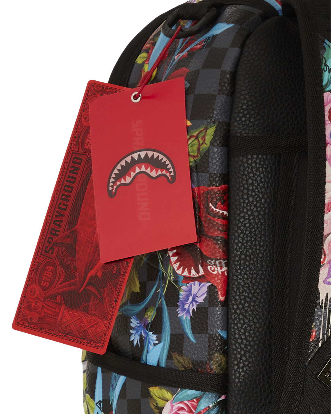 Front view of faux leather backpack with gold metal zippers and padded mesh back