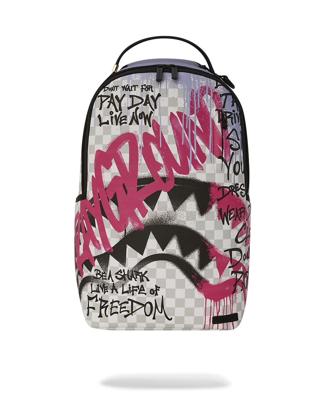 Sprayground Poetry Backpack worn crossbody in cityscape, showcasing side pockets