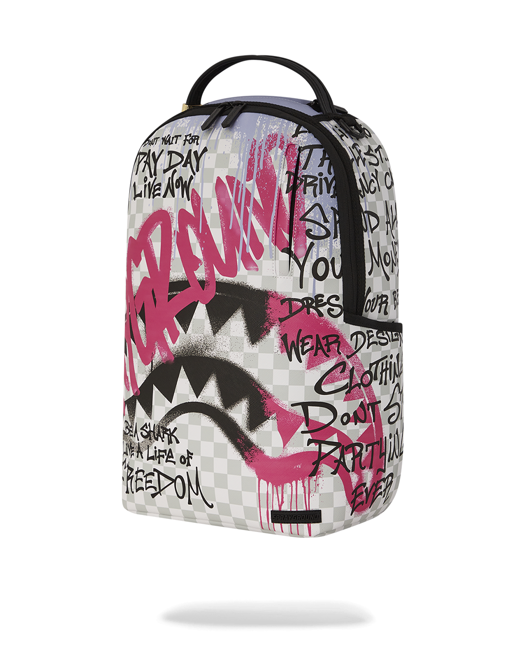 Close-up of faux leather texture and gold zippers on Sprayground backpack