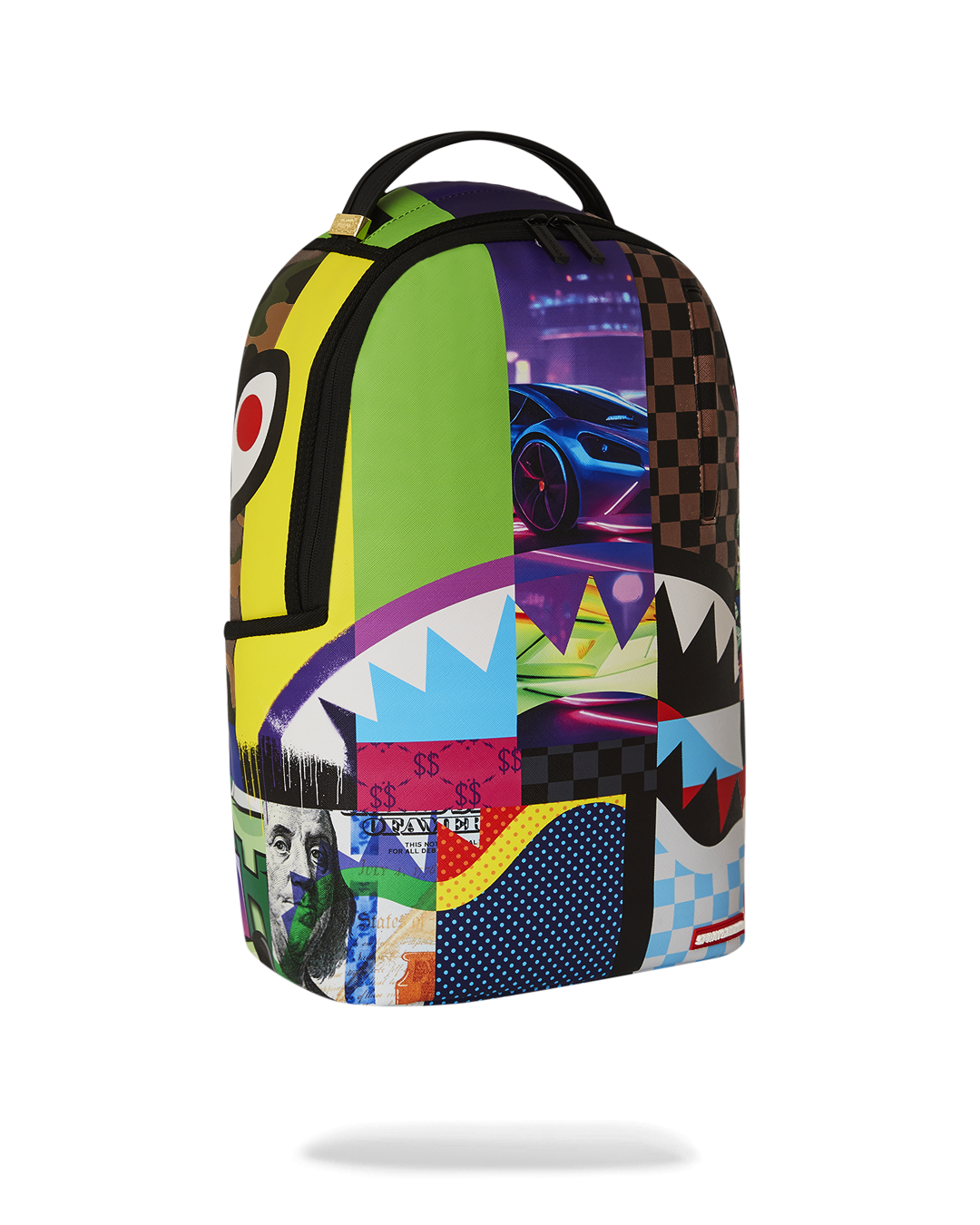 Back of the faux leather backpack with slide-through sleeve for luggage.