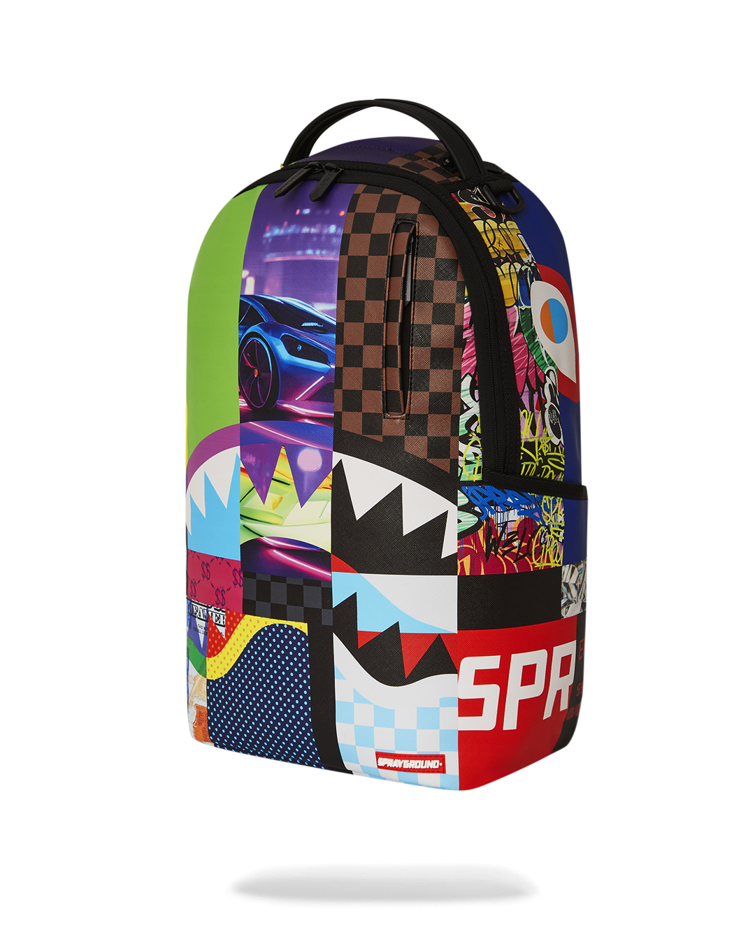 Back of the faux leather backpack with slide-through sleeve for luggage.