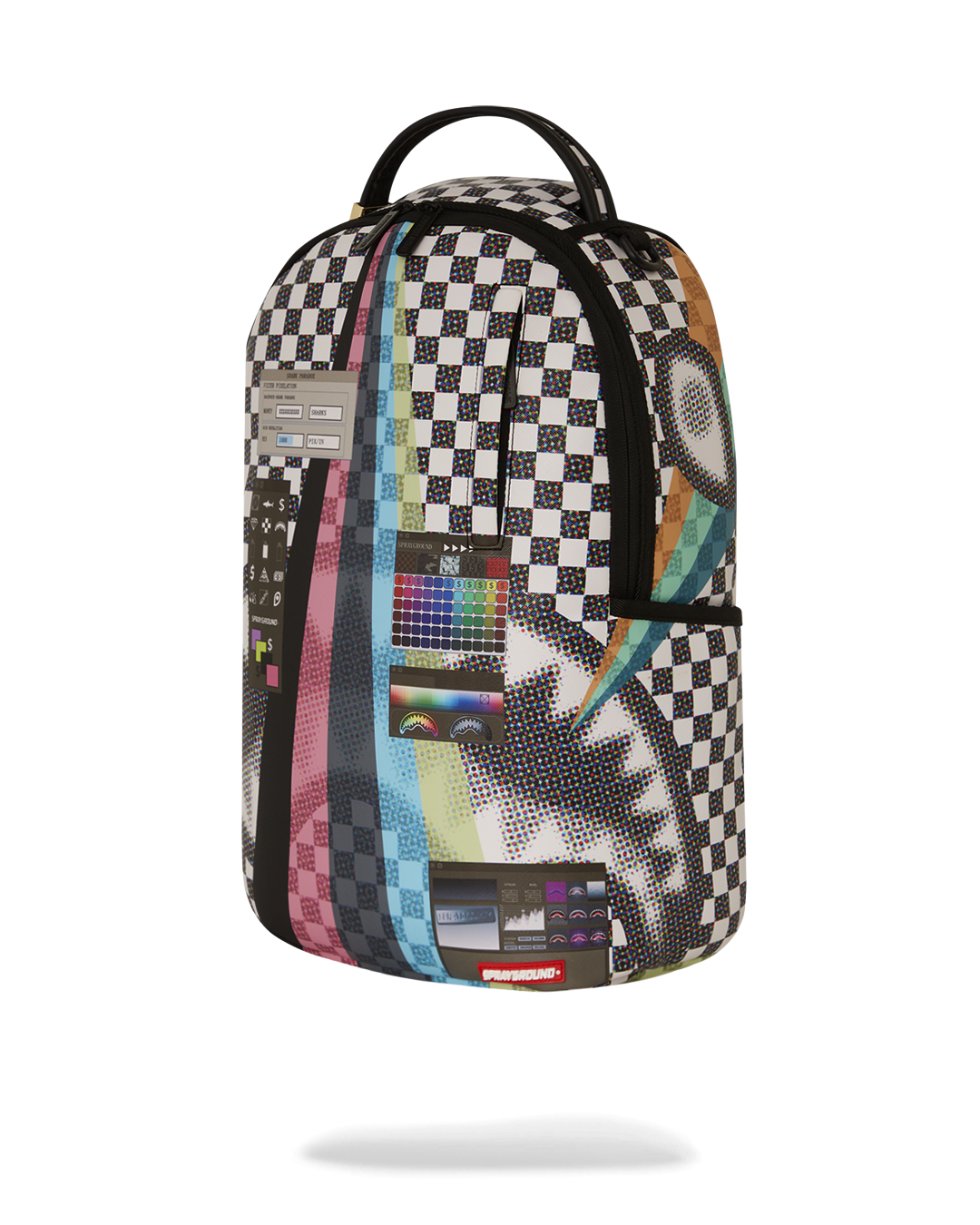 Close-up of the backpacks gold zippers and metal Sprayground Authentic badge