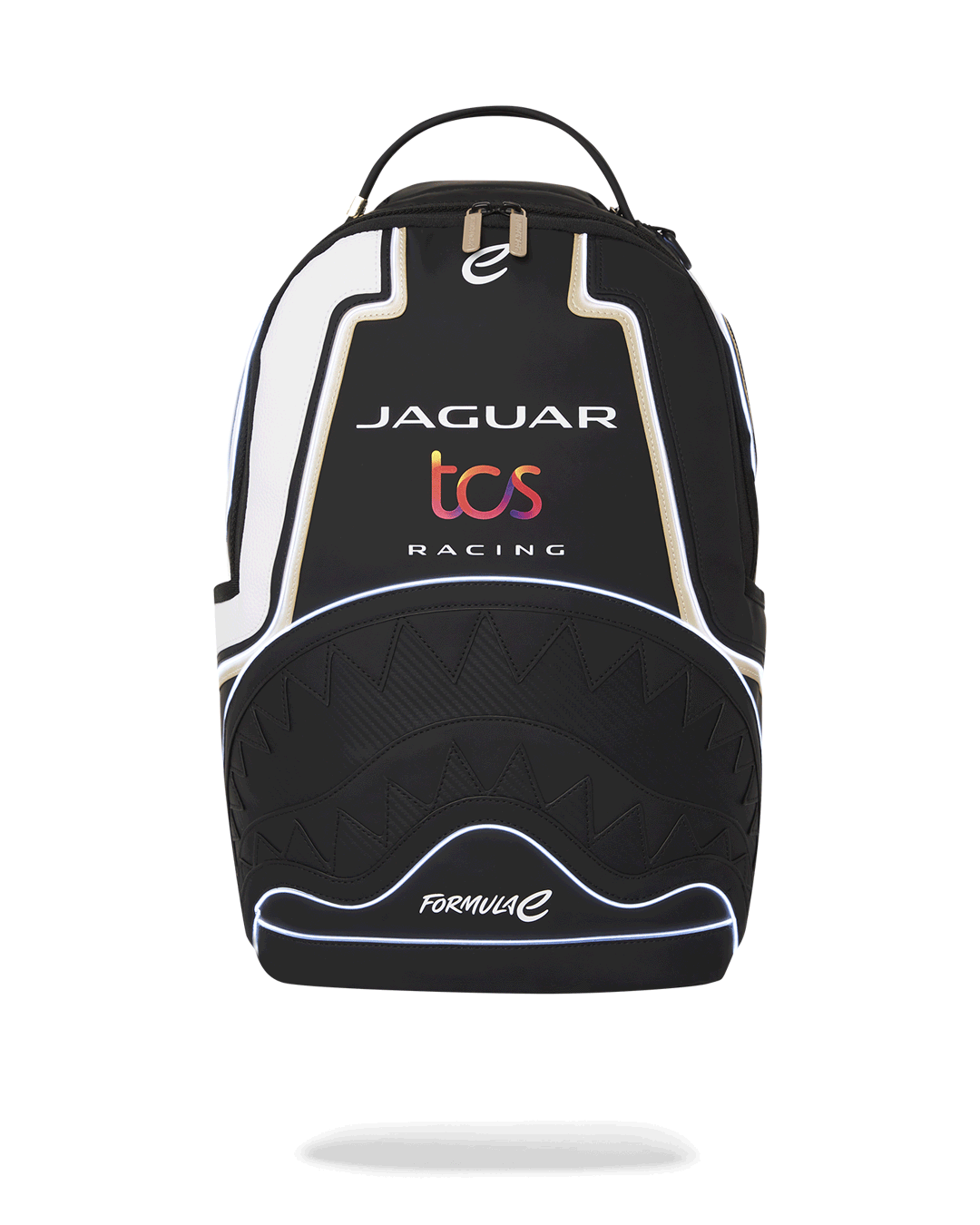 Jaguar Formula-E LED backpack glowing at night, worn over a leather jacket