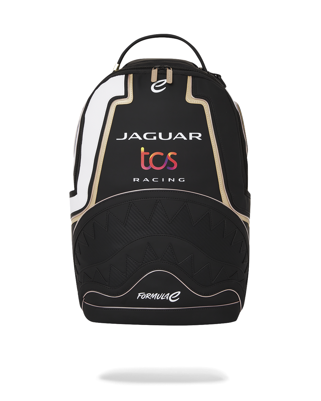 Jaguar Formula-E LED backpack glowing at night, worn over a leather jacket