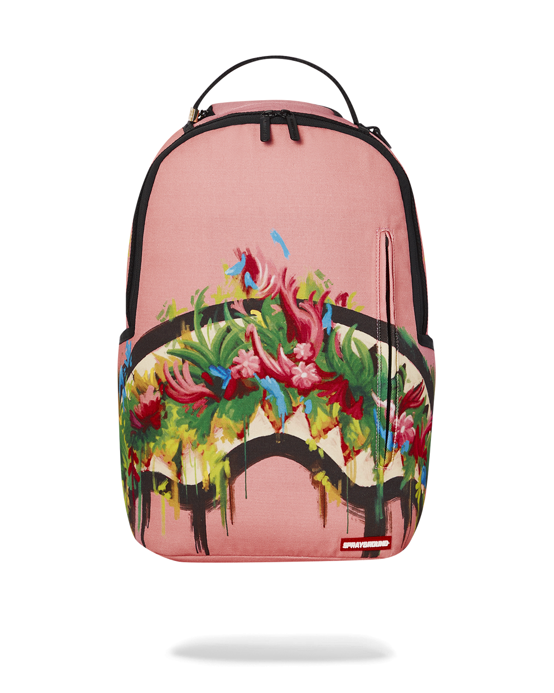 Top angle view of designer backpack opened with laptop inside