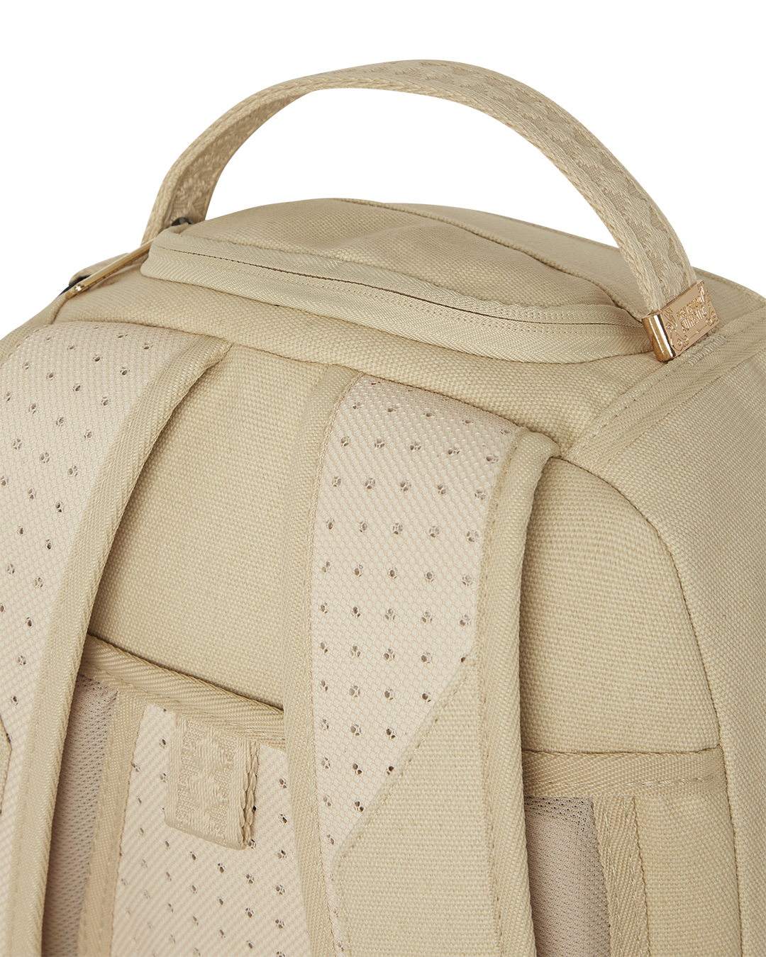 Faux leather travel bag with gold zippers and adjustable straps, ideal for stylish travel.
