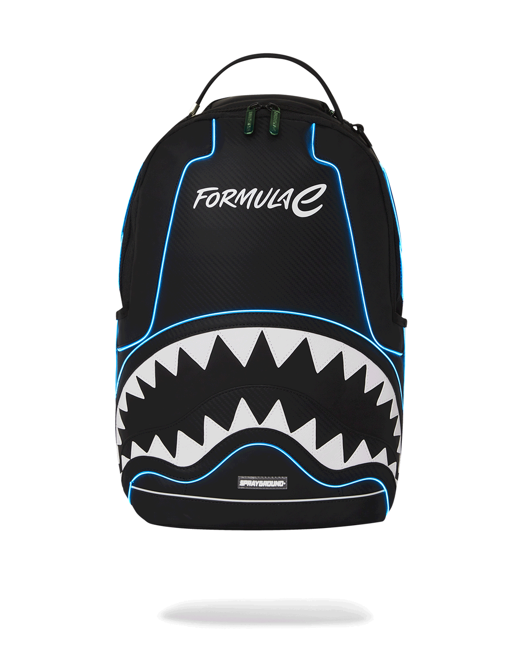 Front view of Formula E illuminated backpack with LED lights.