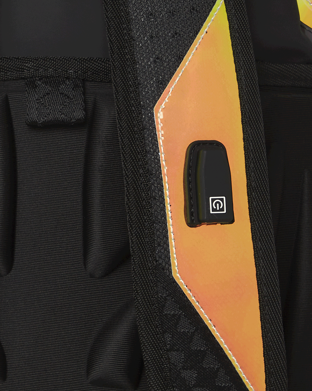 Front view of Formula E illuminated backpack with LED lights.