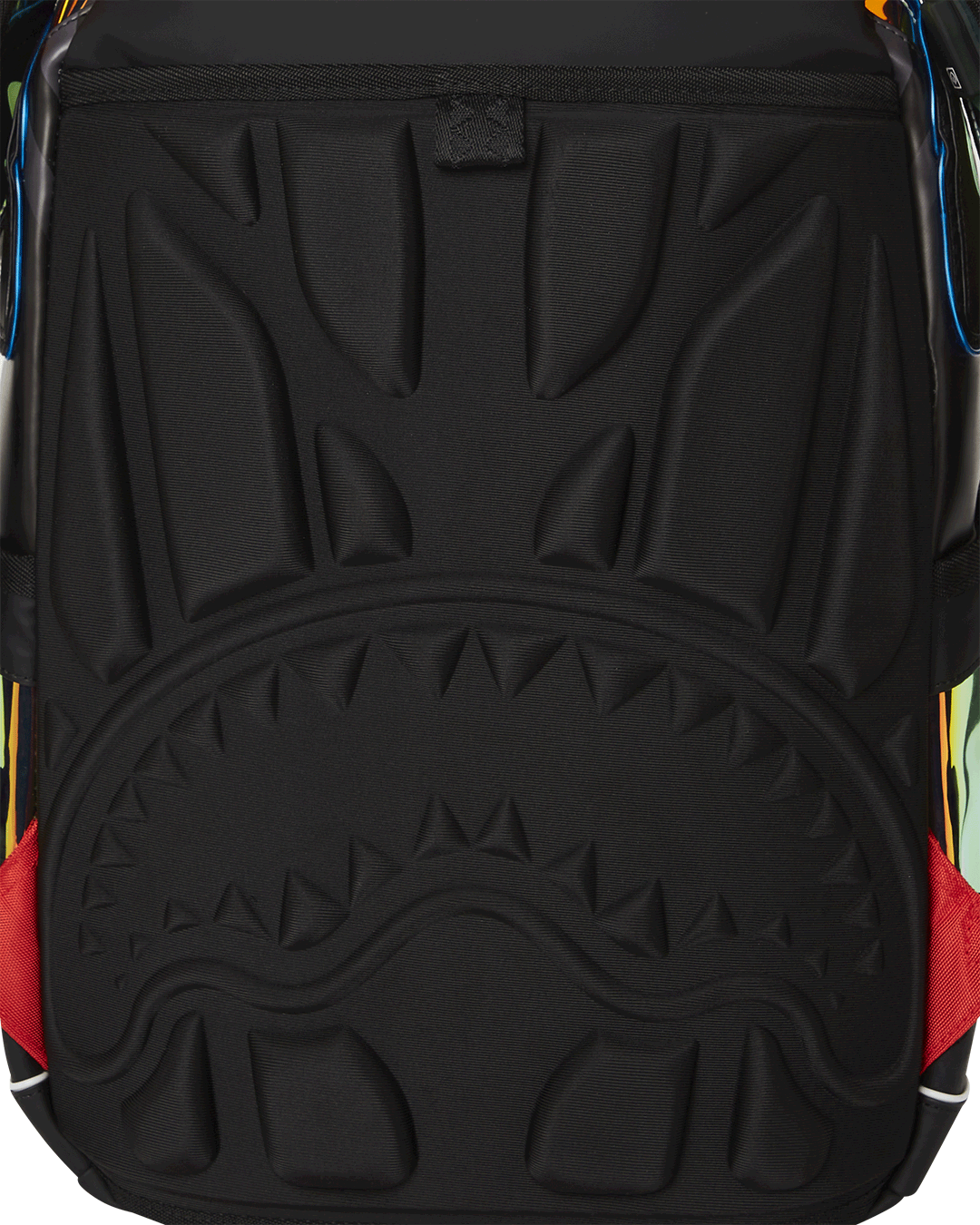 Close-up of the metallic fabric and gold zippers on the LED backpack.