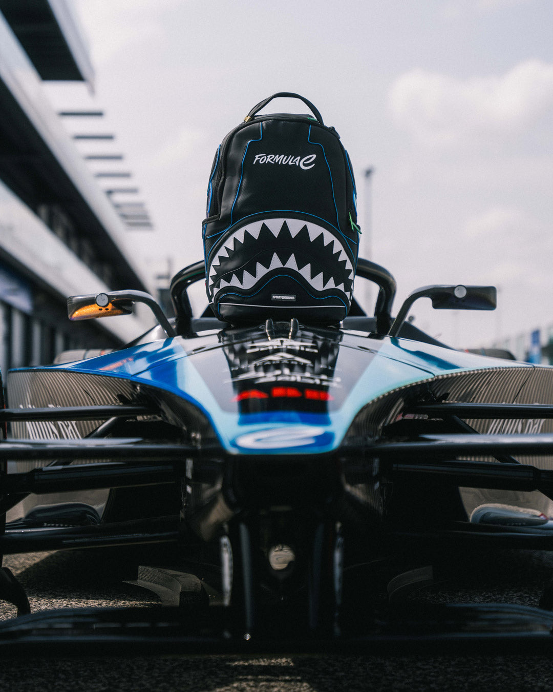 Front view of Formula E illuminated backpack with LED lights.