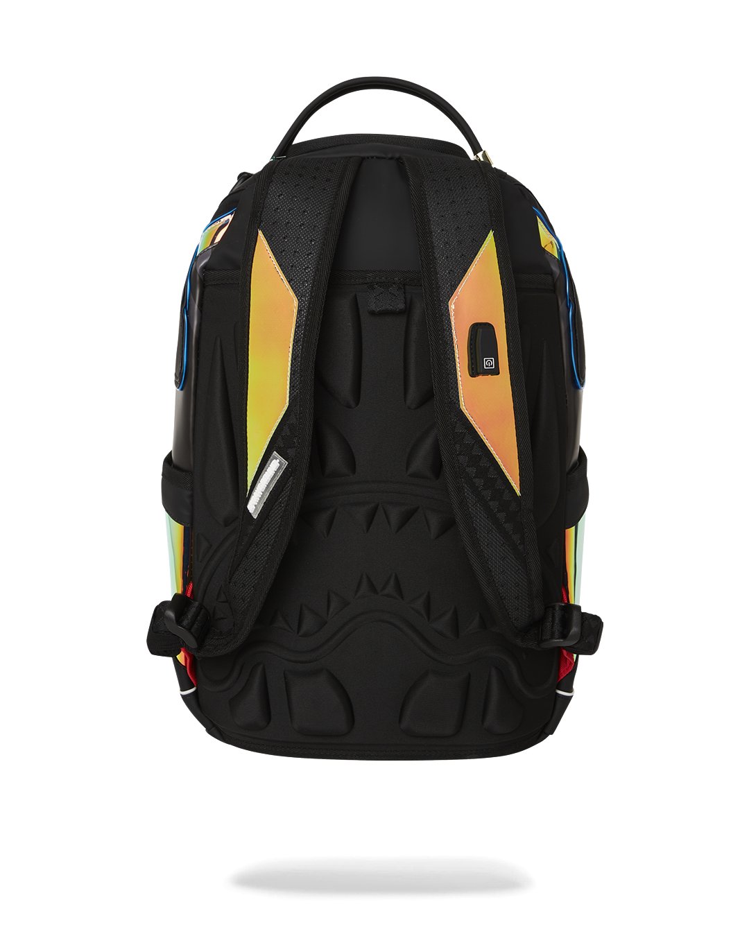 Close-up of the metallic fabric and gold zippers on the LED backpack.
