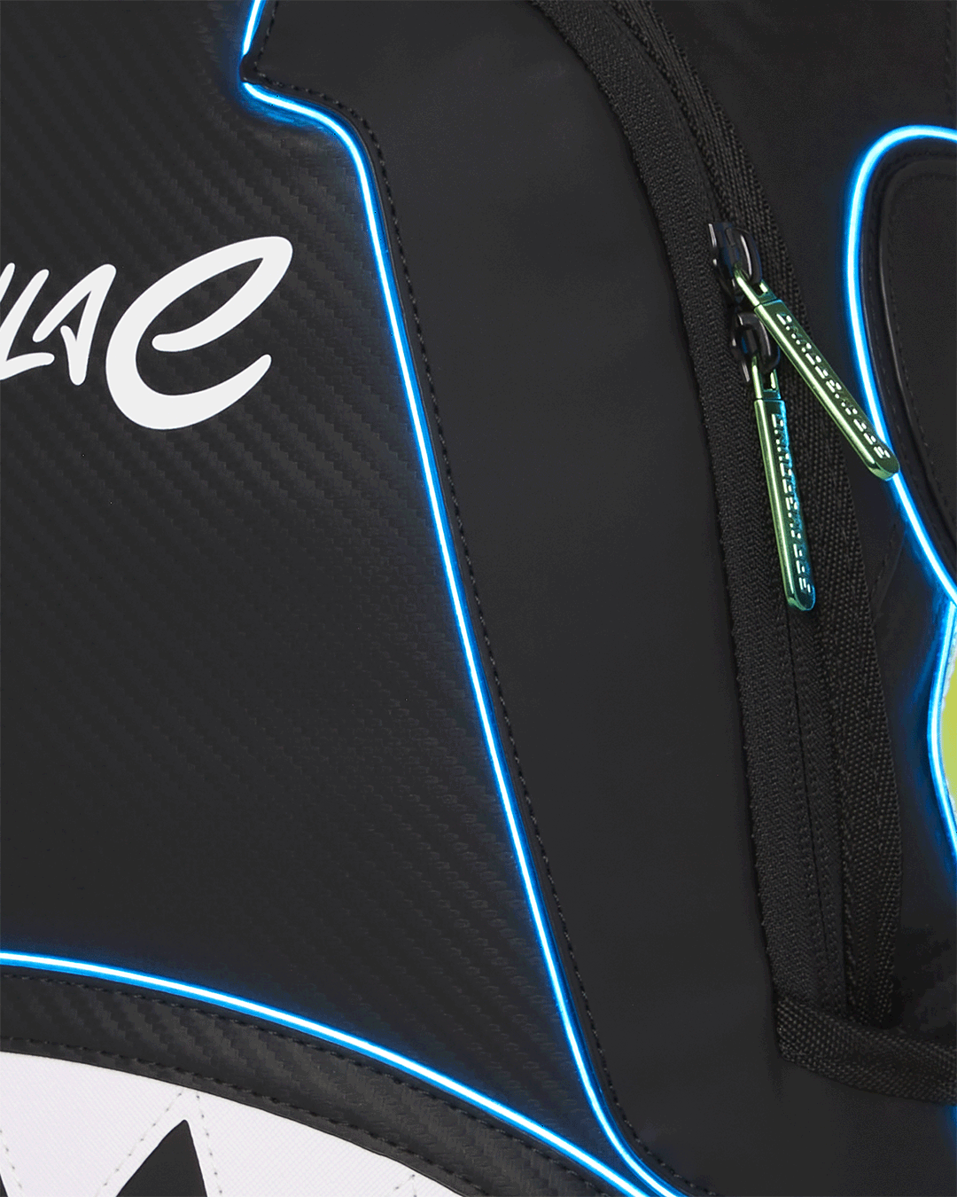 Front view of Formula E illuminated backpack with LED lights.