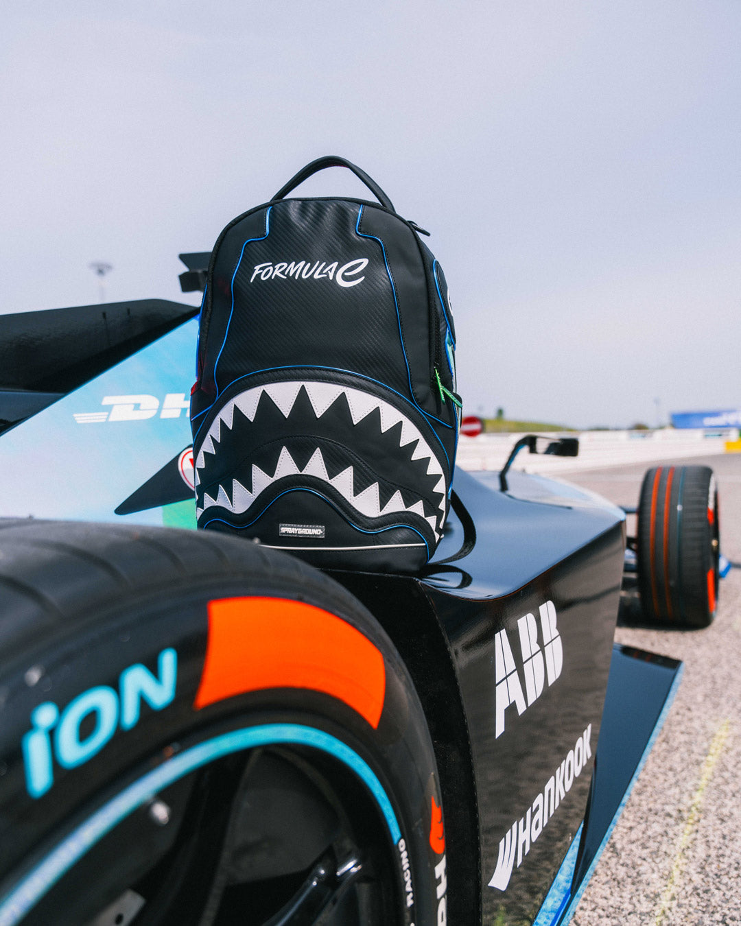 Front view of Formula E illuminated backpack with LED lights.