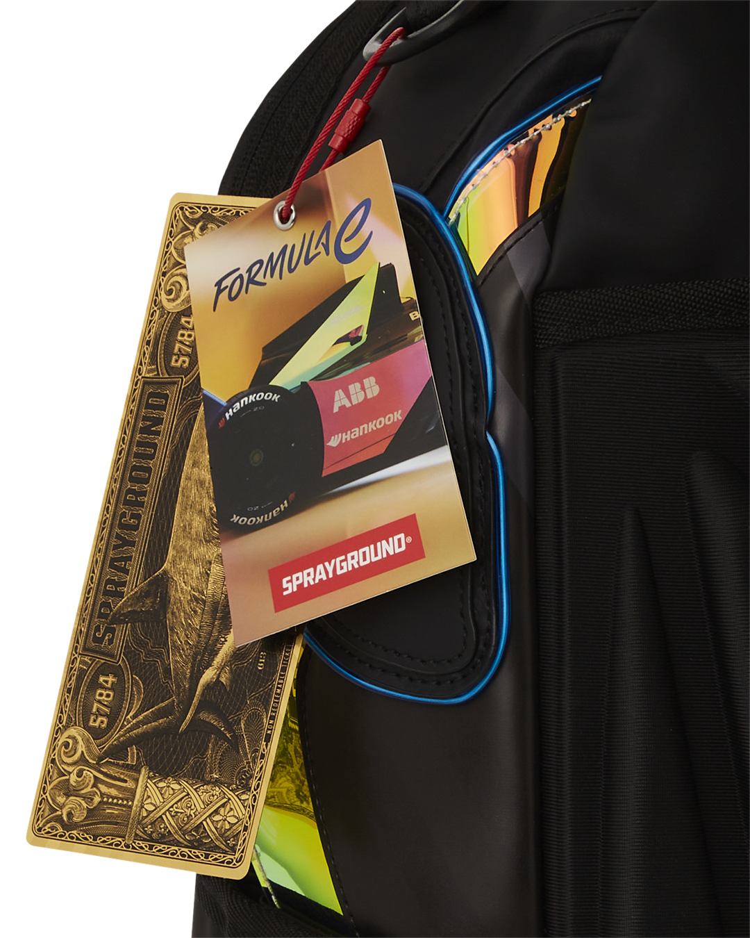 Front view of Formula E illuminated backpack with LED lights.