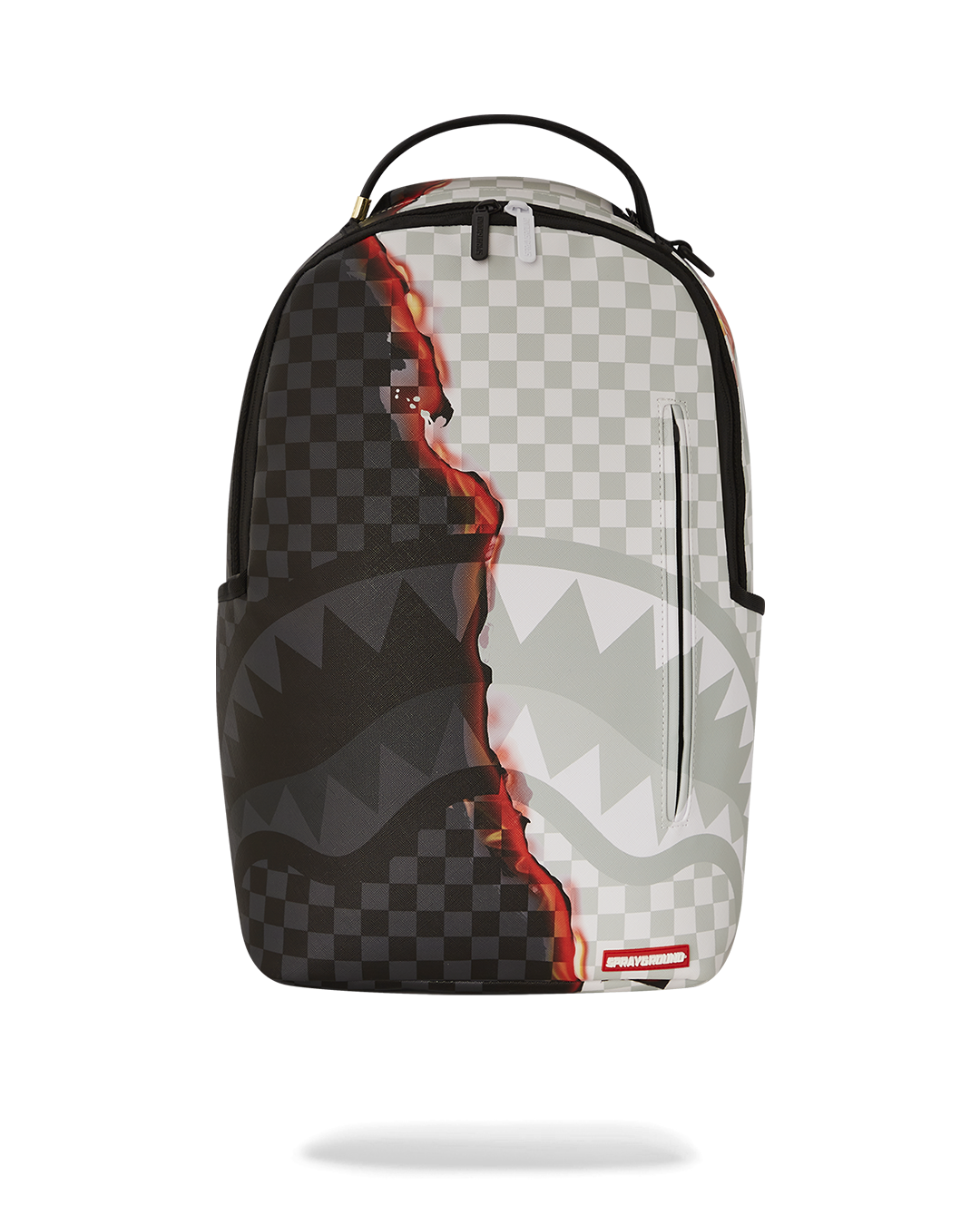 Close-up of faux leather backpack with gold zippers and mesh padding