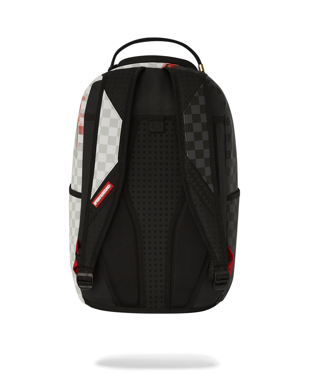 Close-up of faux leather backpack with gold zippers and mesh padding