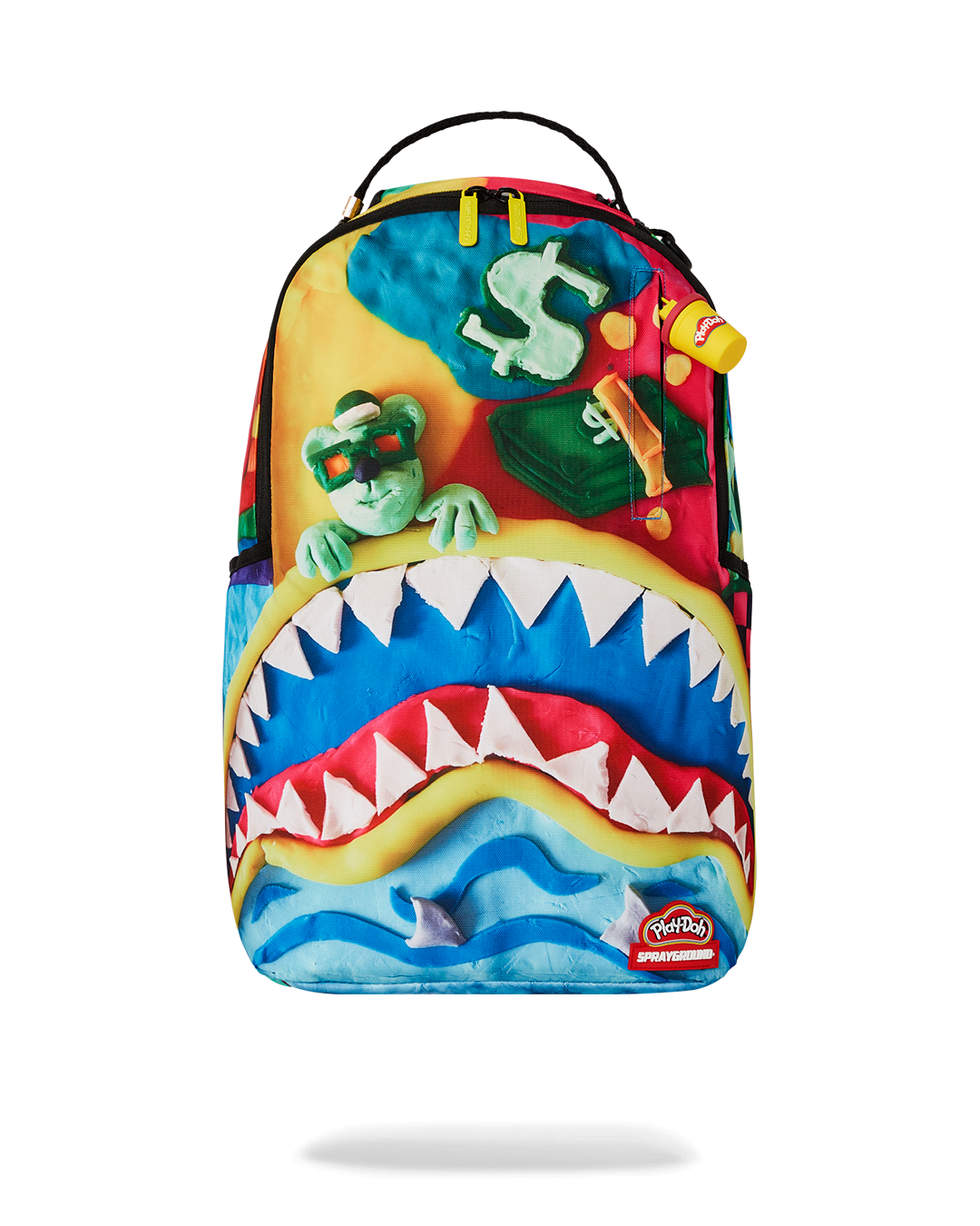 Close-up of pink Sprayground backpack’s front pocket and metal hardware