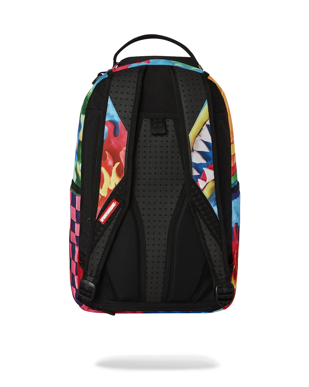 Close-up of pink Sprayground backpack’s front pocket and metal hardware