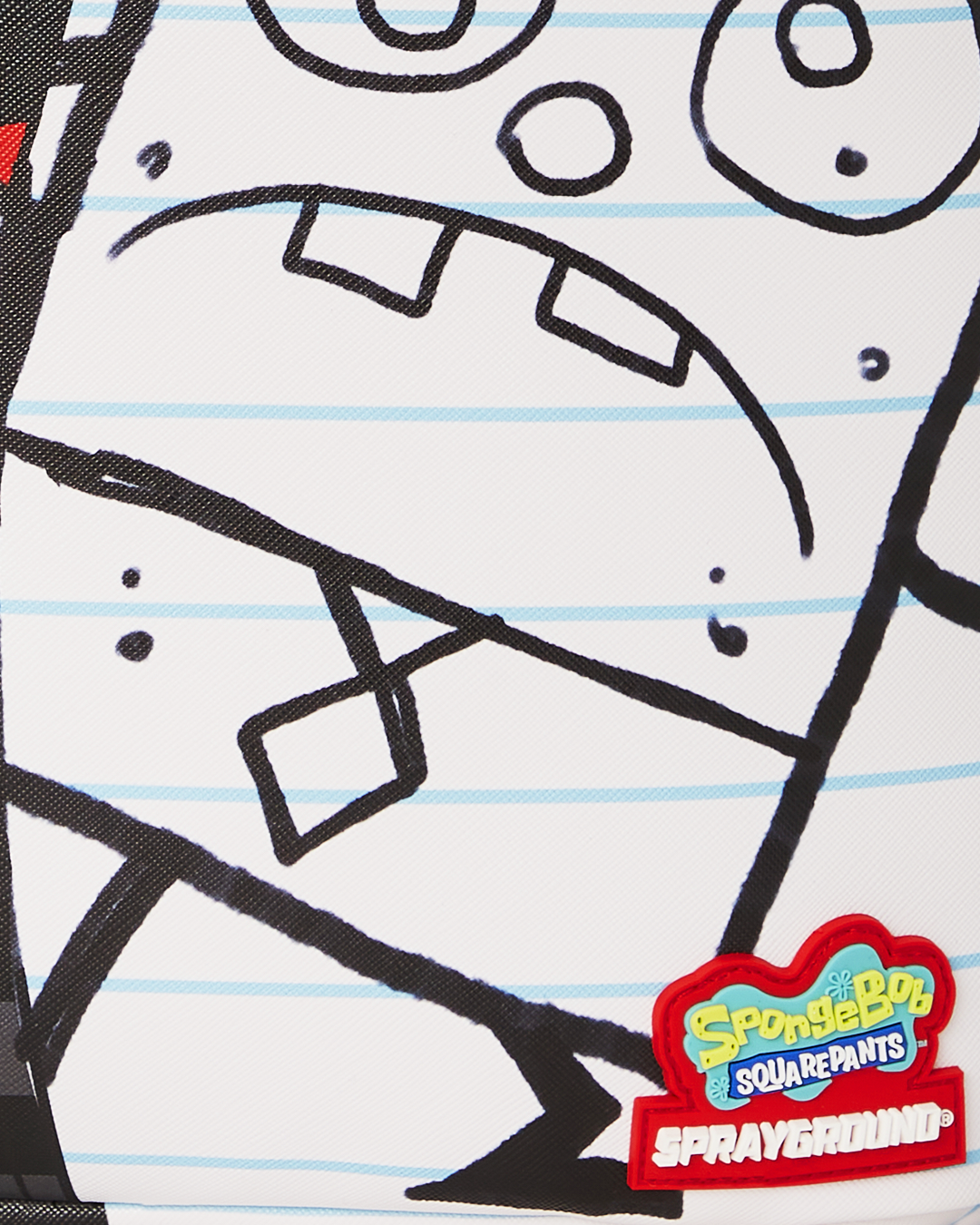 Front view of SpongeBob Sprayground backpack featuring doodle art and gold zippers