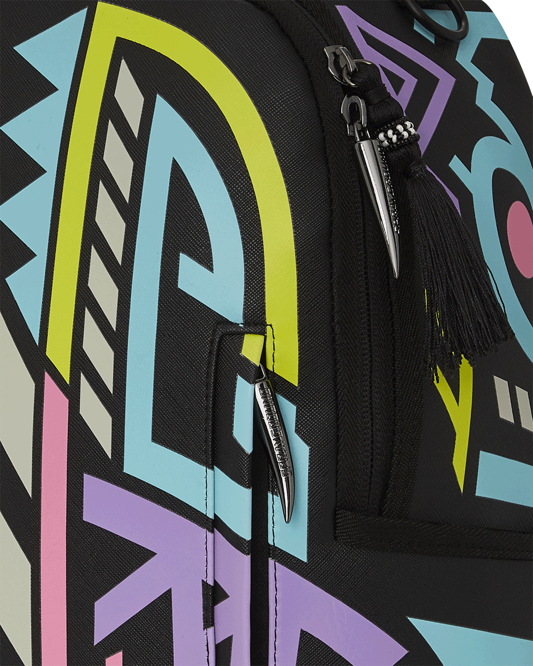Close-up of A.I. African Intelligence backpacks glow-in-the-dark pattern in daylight