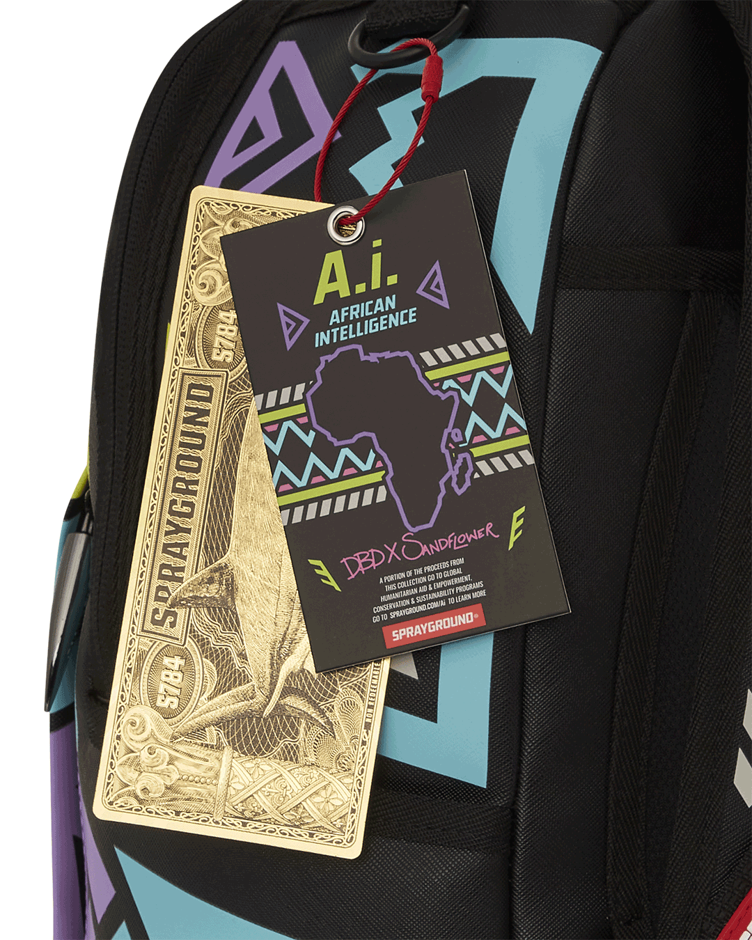 Close-up of A.I. African Intelligence backpacks glow-in-the-dark pattern in daylight