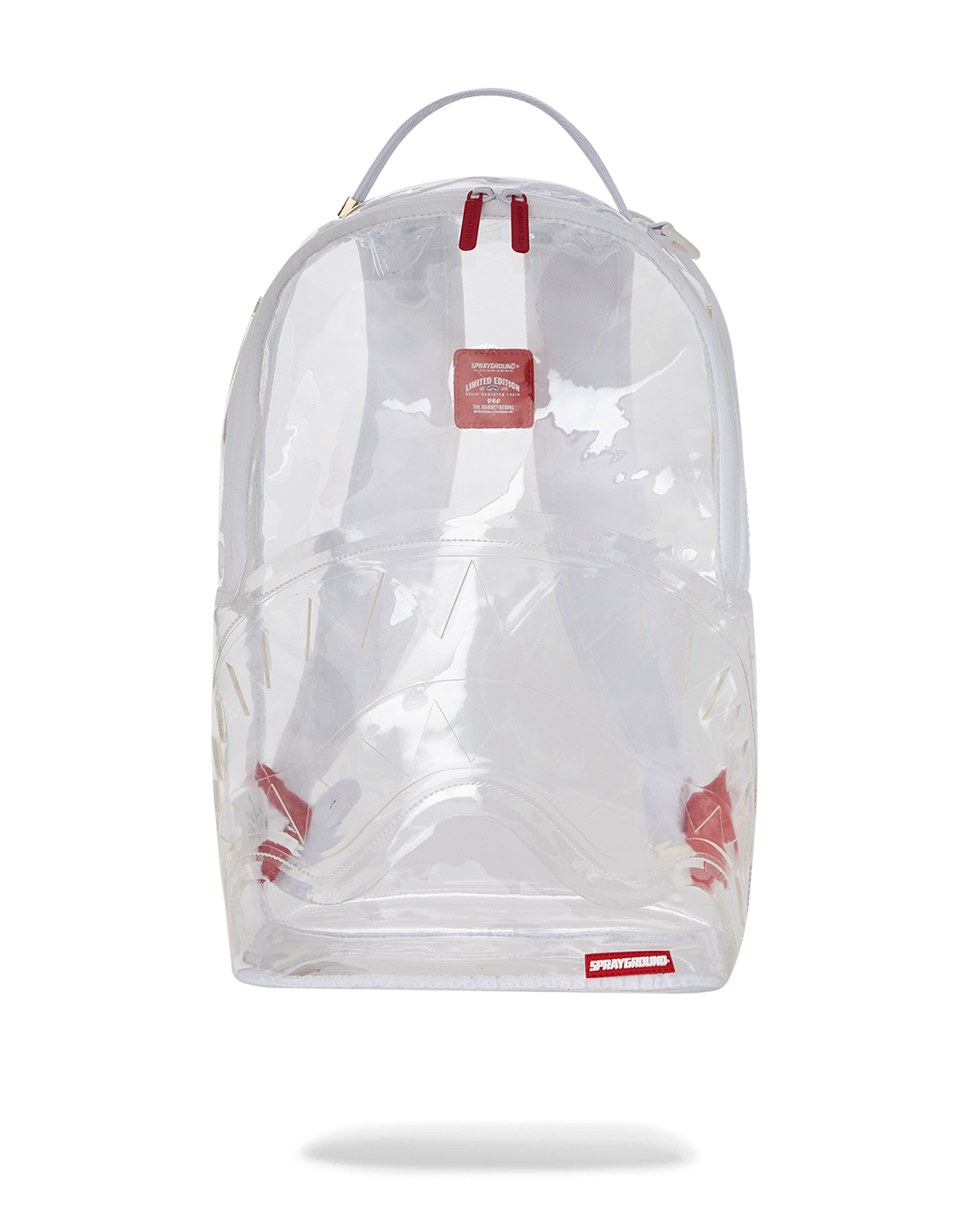 Front angle of sprayground clear backpack worn by commuter in downtown LA.