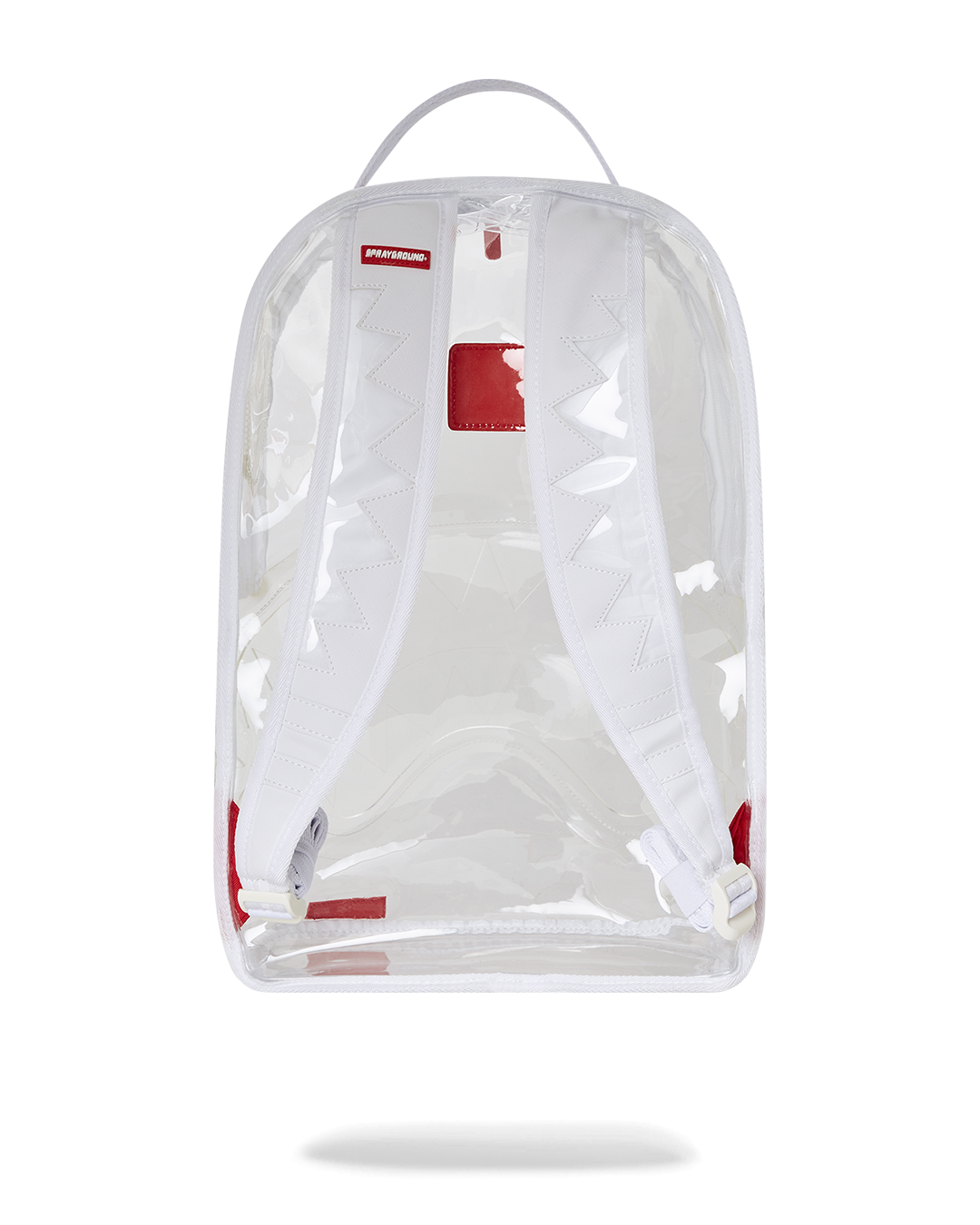 Front view of clear backpack showing compartments and Sprayground badge