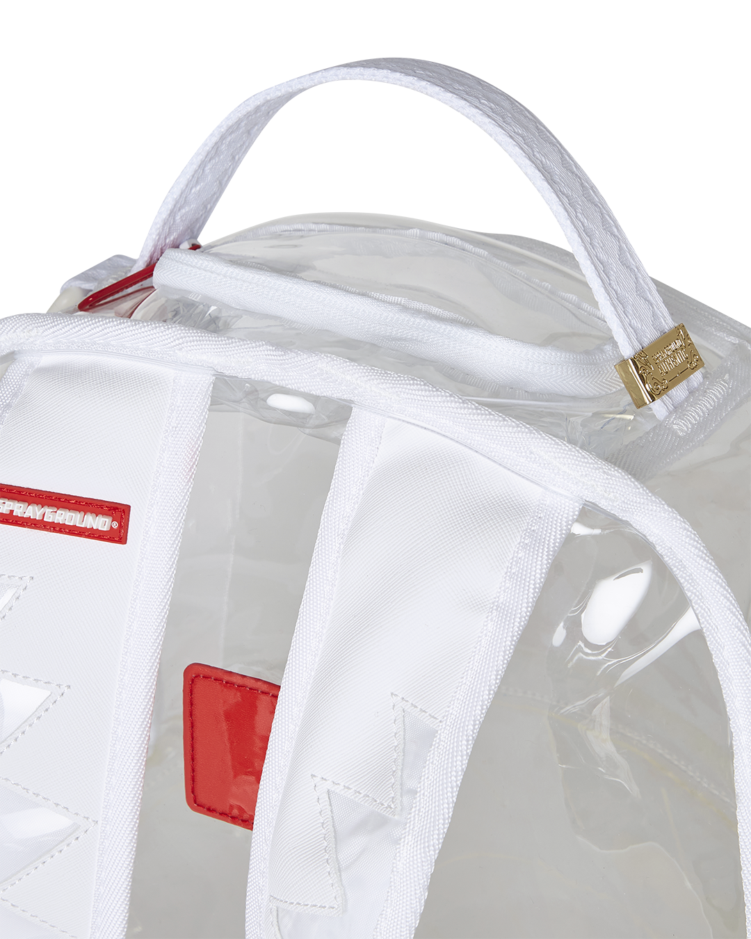 Front view of clear backpack showing compartments and Sprayground badge