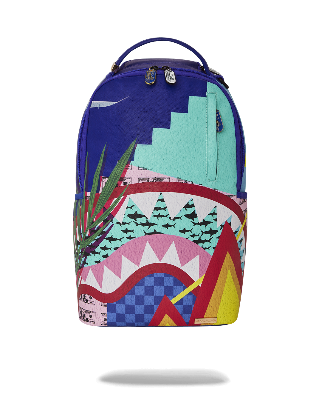 Close-up of the shark backpack's waterproof faux leather exterior with gold zippers