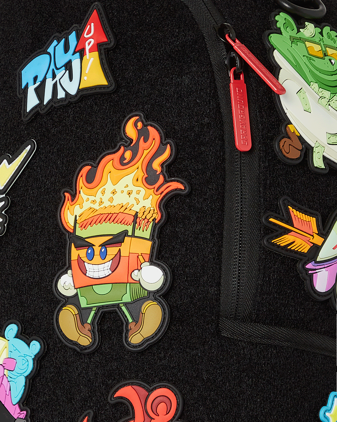 Front view of the stylish velcro backpack with patches attached