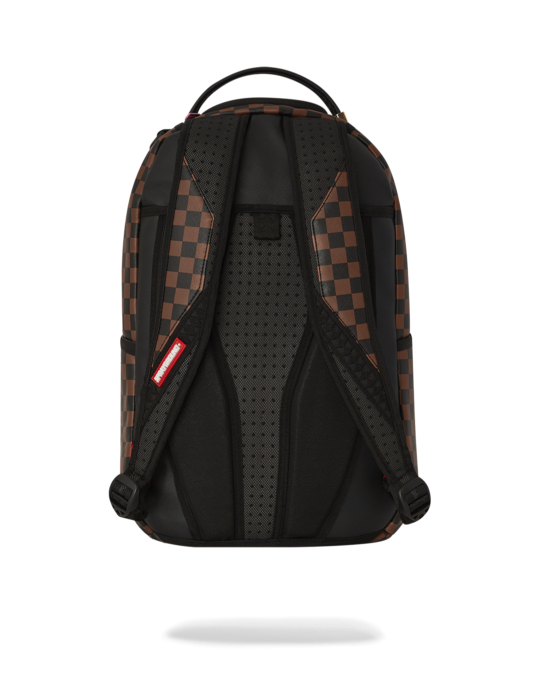 Front view of the Pink Panther faux leather backpack with gold zippers.
