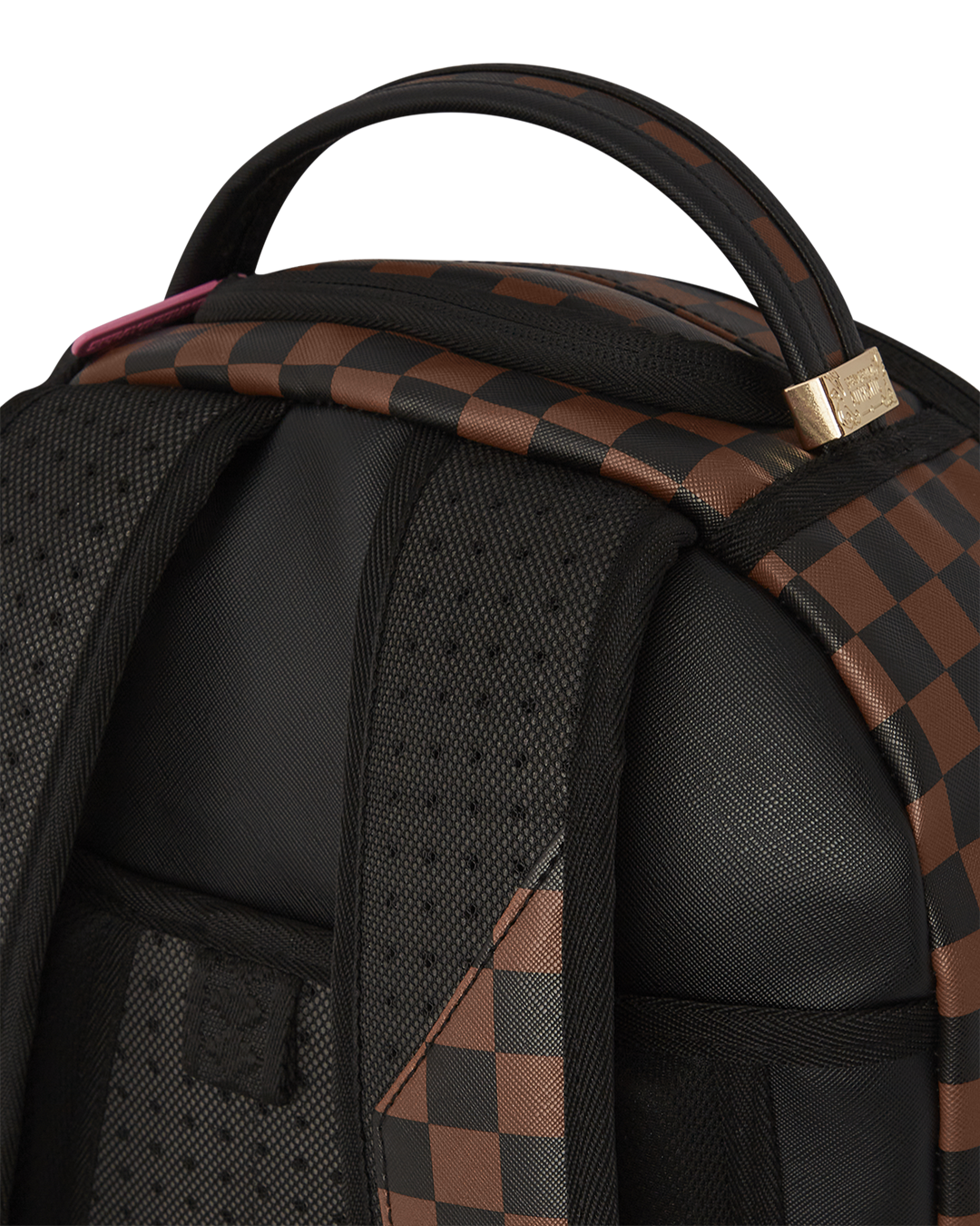 Front view of the Pink Panther faux leather backpack with gold zippers.