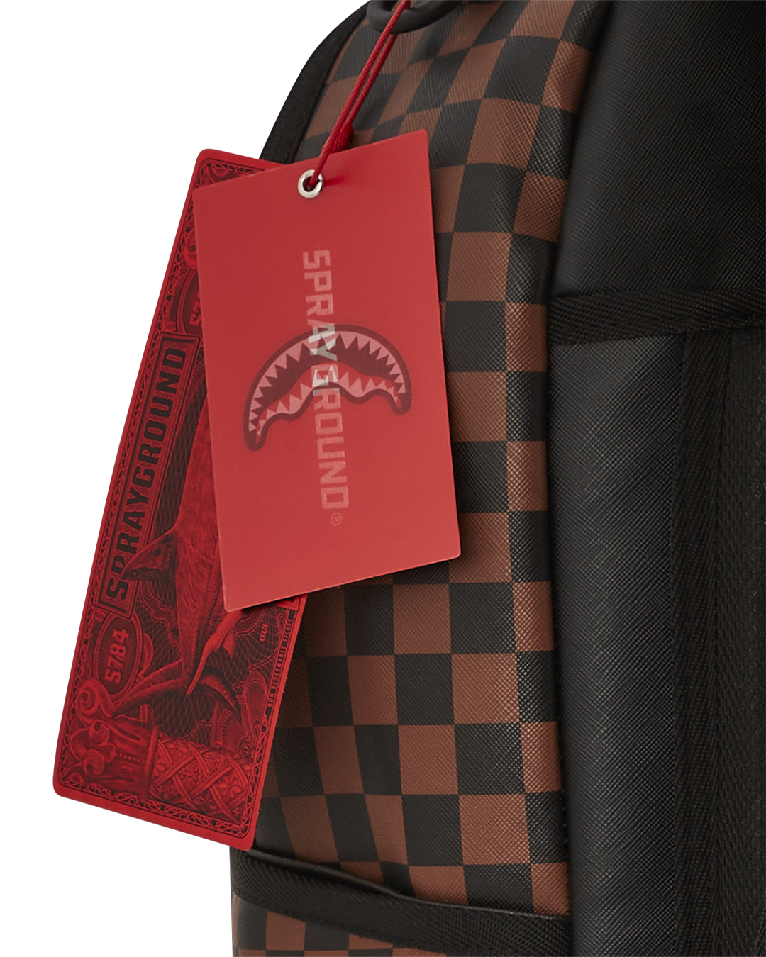 Front view of the Pink Panther faux leather backpack with gold zippers.