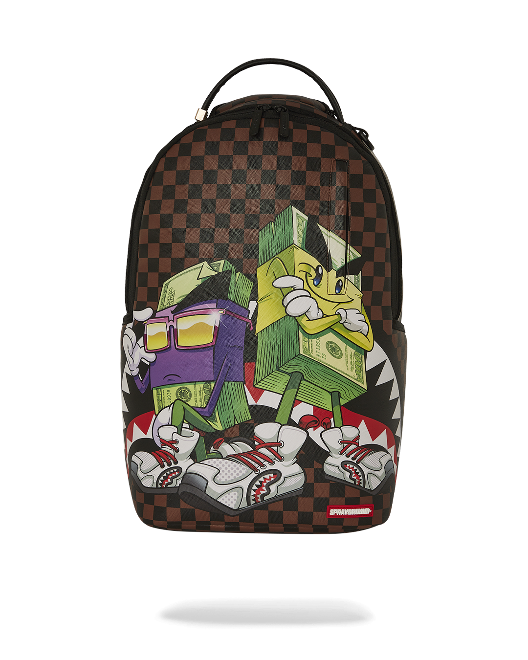 Front view of DLXV laptop backpack showing gold zippers and urban faux leather texture