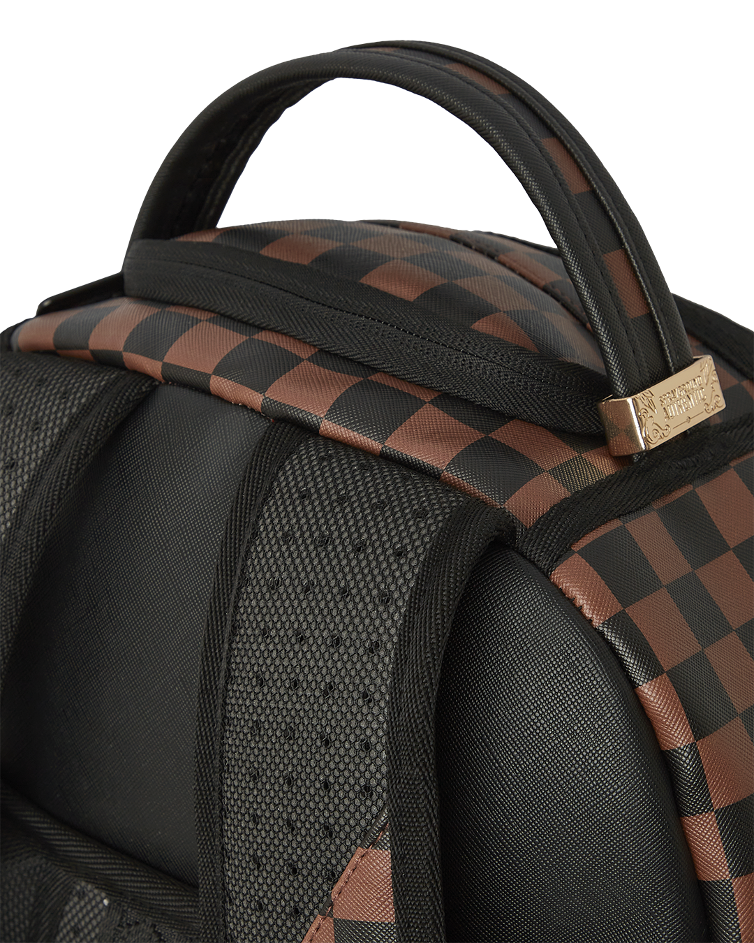 Back of the faux leather backpack with mesh padding and adjustable straps.