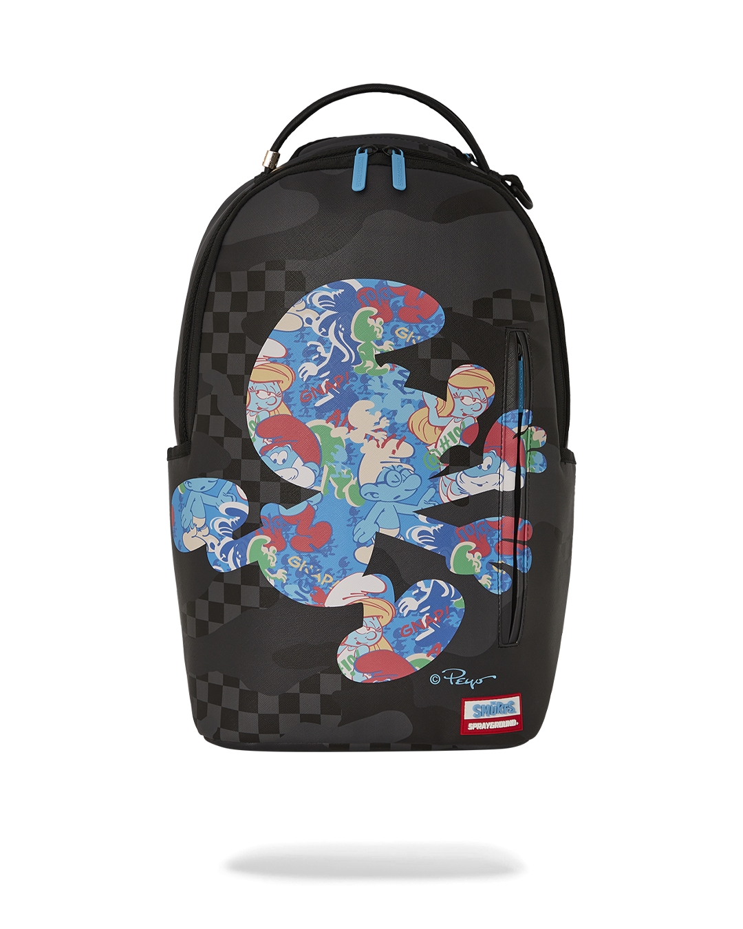 Front view of the Smurfs backpack made from faux leather with playful design