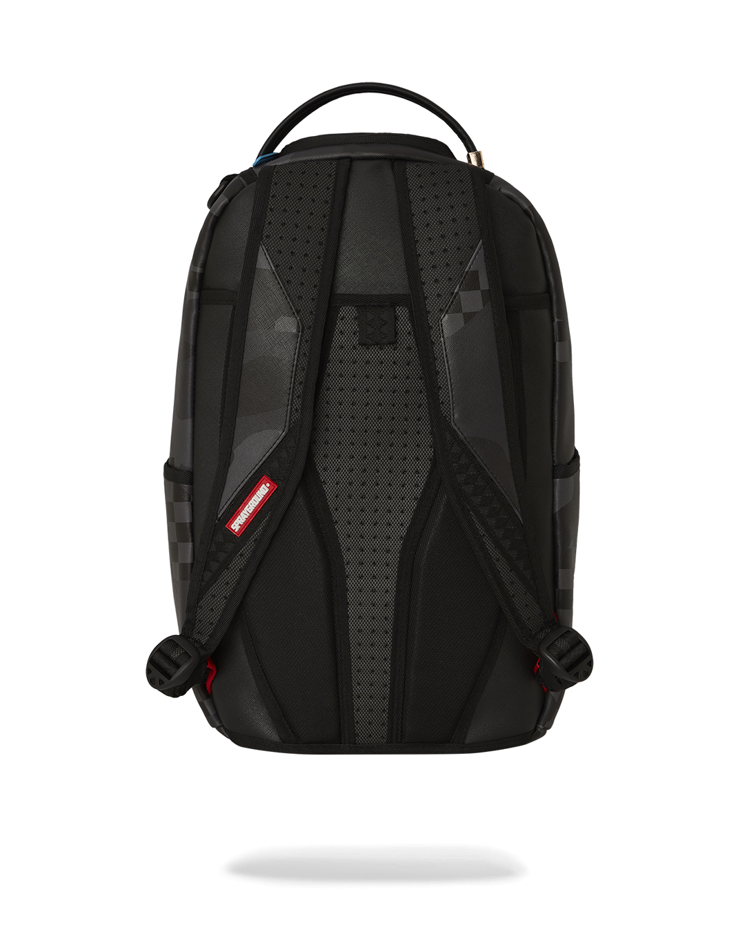Front view of the Smurfs faux leather backpack with gold zippers and playful design