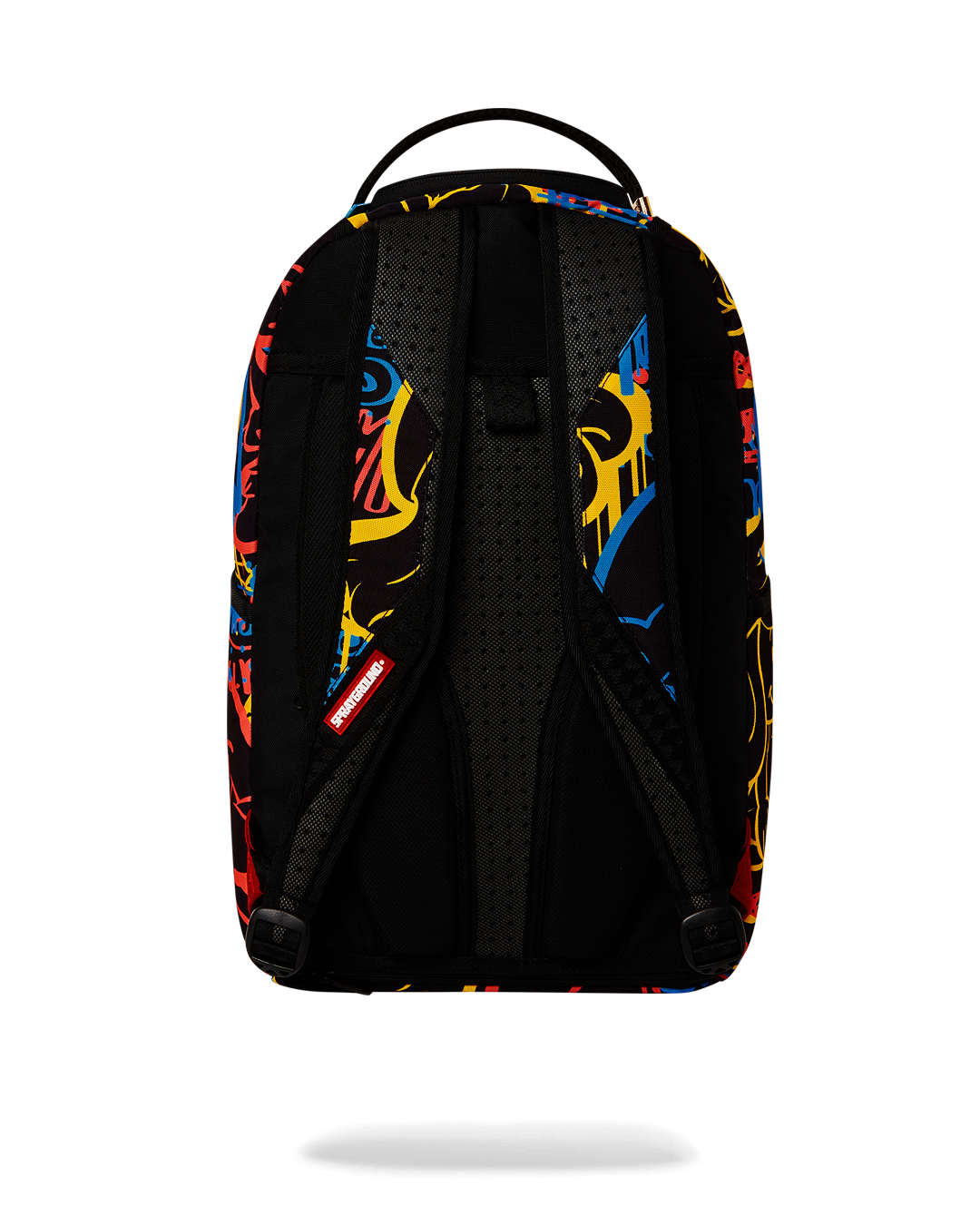 Side view of Sprayground backpack showing Smurfs art and neon accents