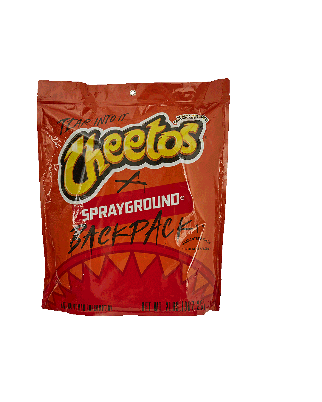 Front view of the Cheetos Chester Crunch faux leather backpack showing spacious compartments