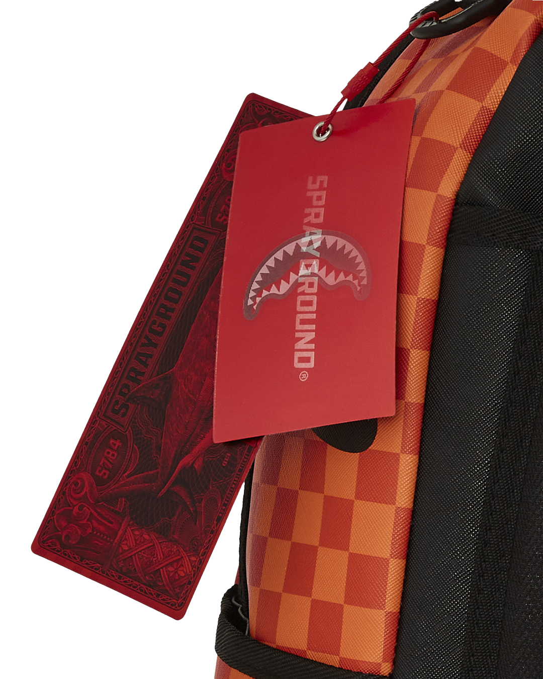 Front view of the Cheetos Chester Crunch faux leather backpack showing spacious compartments