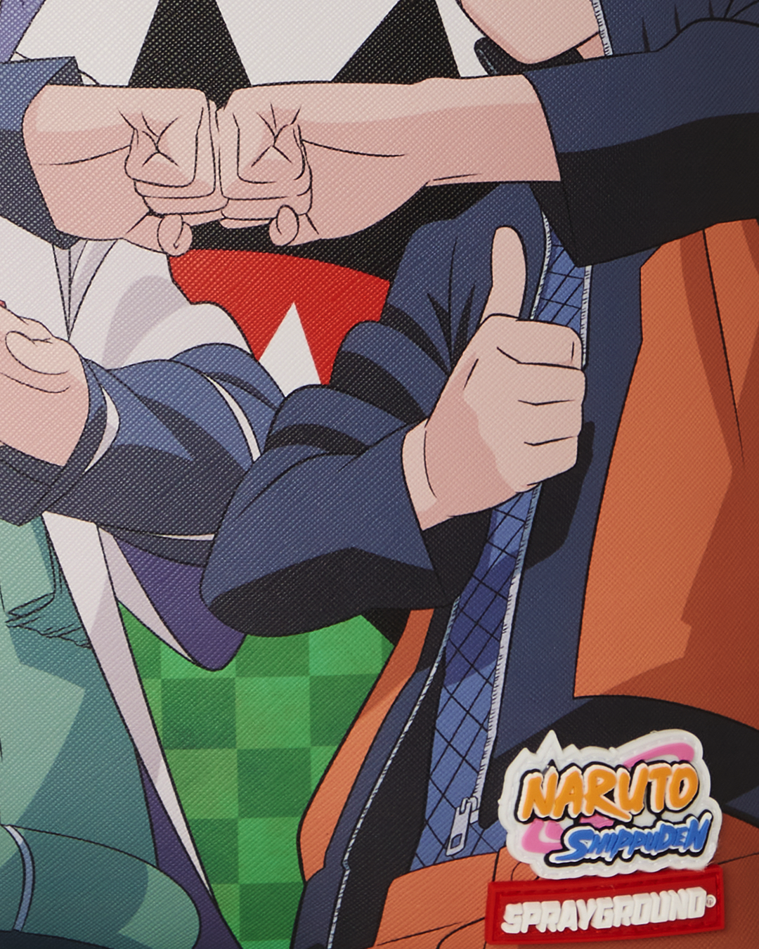 Front view of Naruto Big Pops backpack with faux leather finish and gold zippers