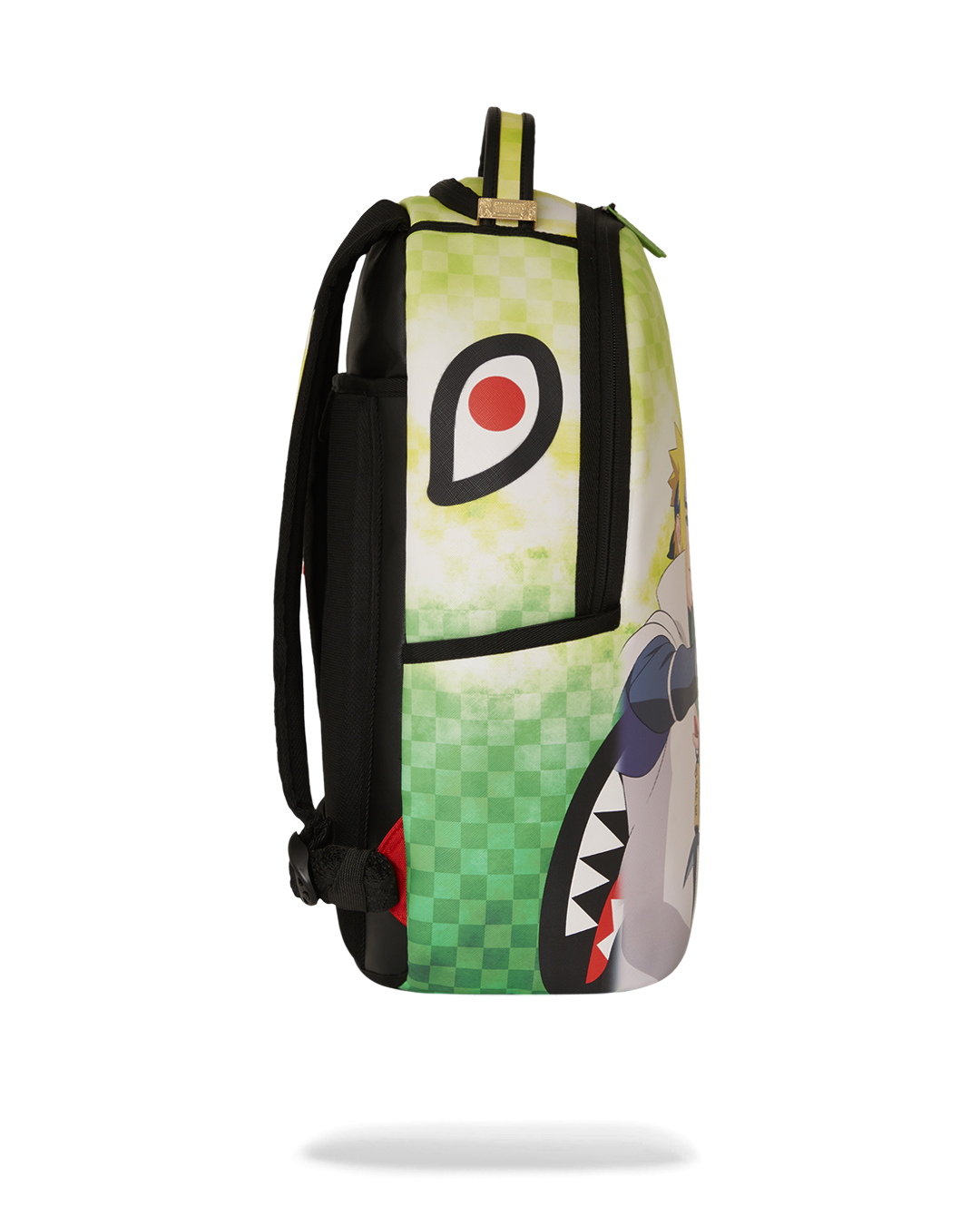 Side pocket of Naruto backpack holding accessories for anime fans