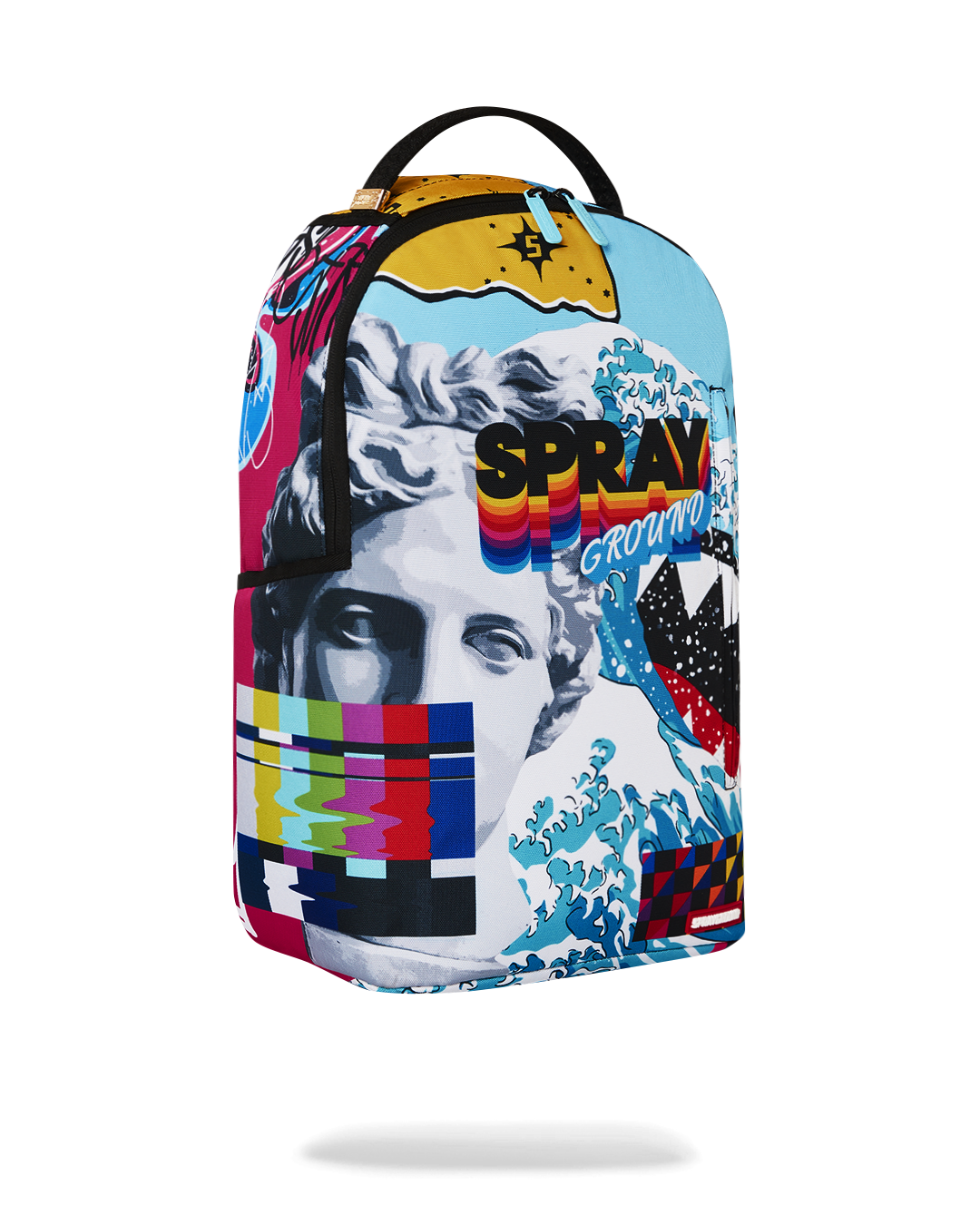 Sprayground DLXSR Collage Backpack in Pink with laptop and accessories inside