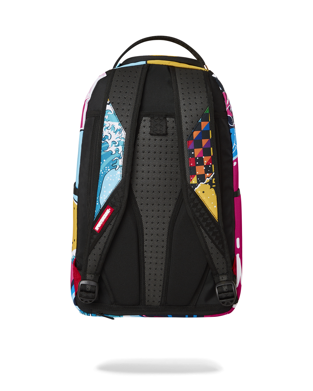 Sprayground DLXSR Collage Backpack in Pink front view with multiple pockets visible